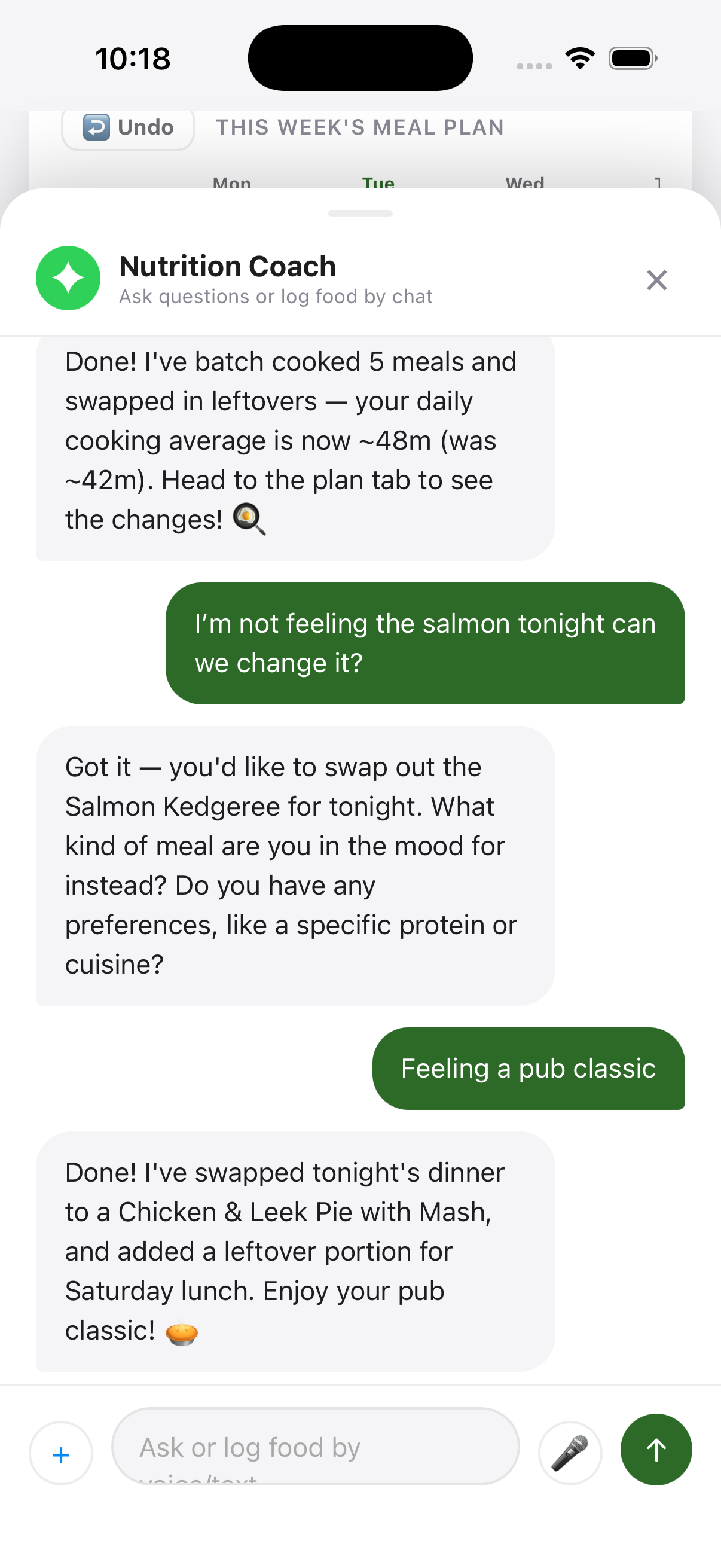 Plan Track Eat — nutrition coach chat swapping a meal based on your plan
