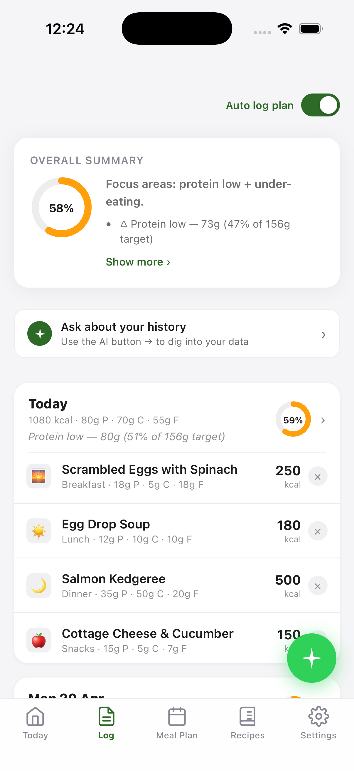 Plan Track Eat — log view with focus areas and daily meal history