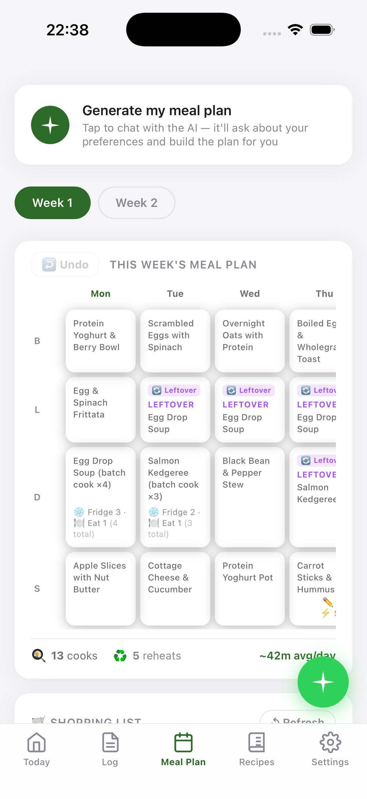Plan Track Eat — weekly meal plan grid with batch-cook and leftover tags