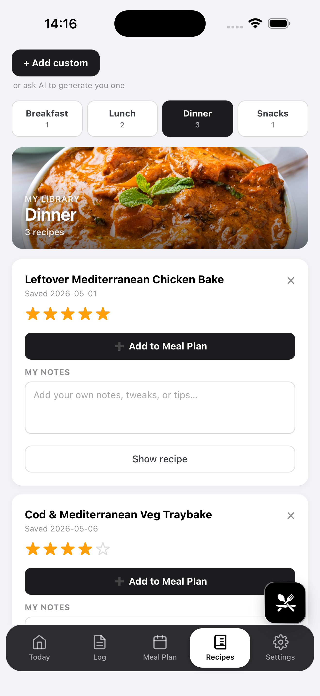 Plan Track Eat — saved recipes library used to build future meal plans