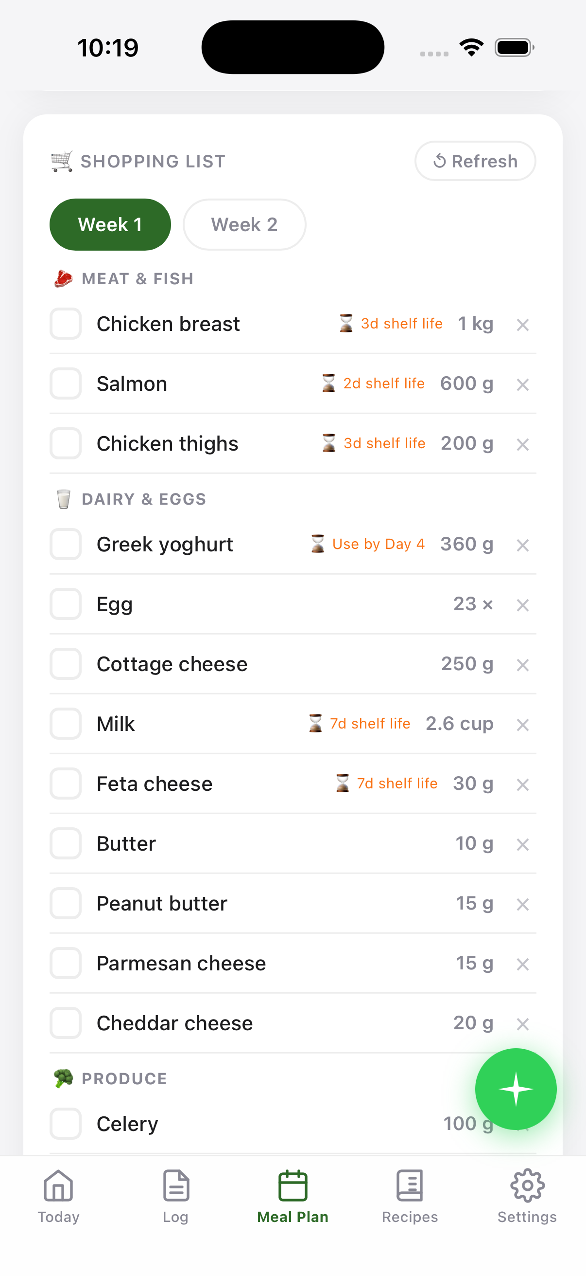 Plan Track Eat — smart shopping list with aisle groups and shelf-life tags