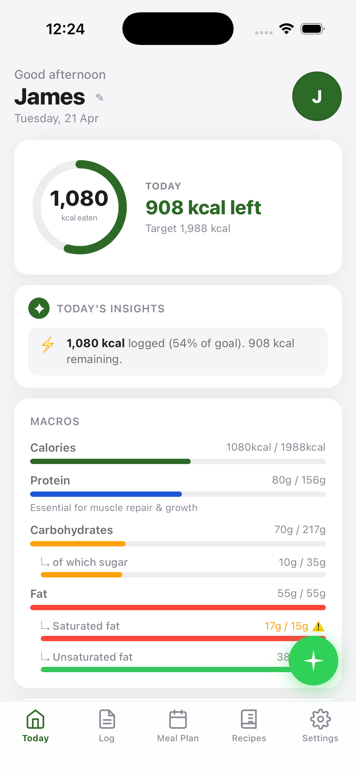 Plan Track Eat — today view with calories, macros and AI insights